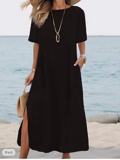 きれいめカジュアル サイドスリット入り半袖ゆったりロング丈ワンピース