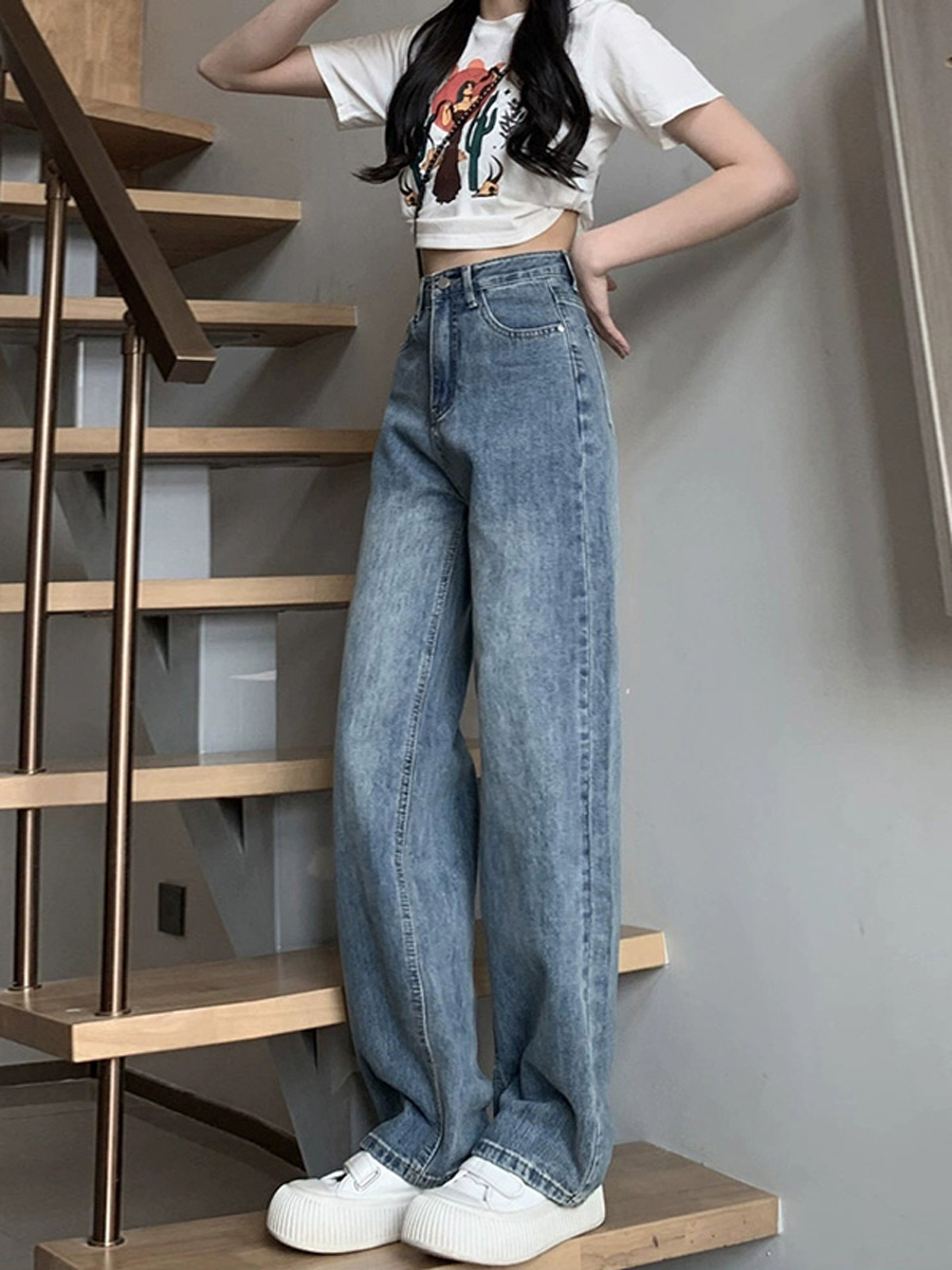 きれいめカジュアル ハイウエストワイドレッグ長丈デニムパンツ