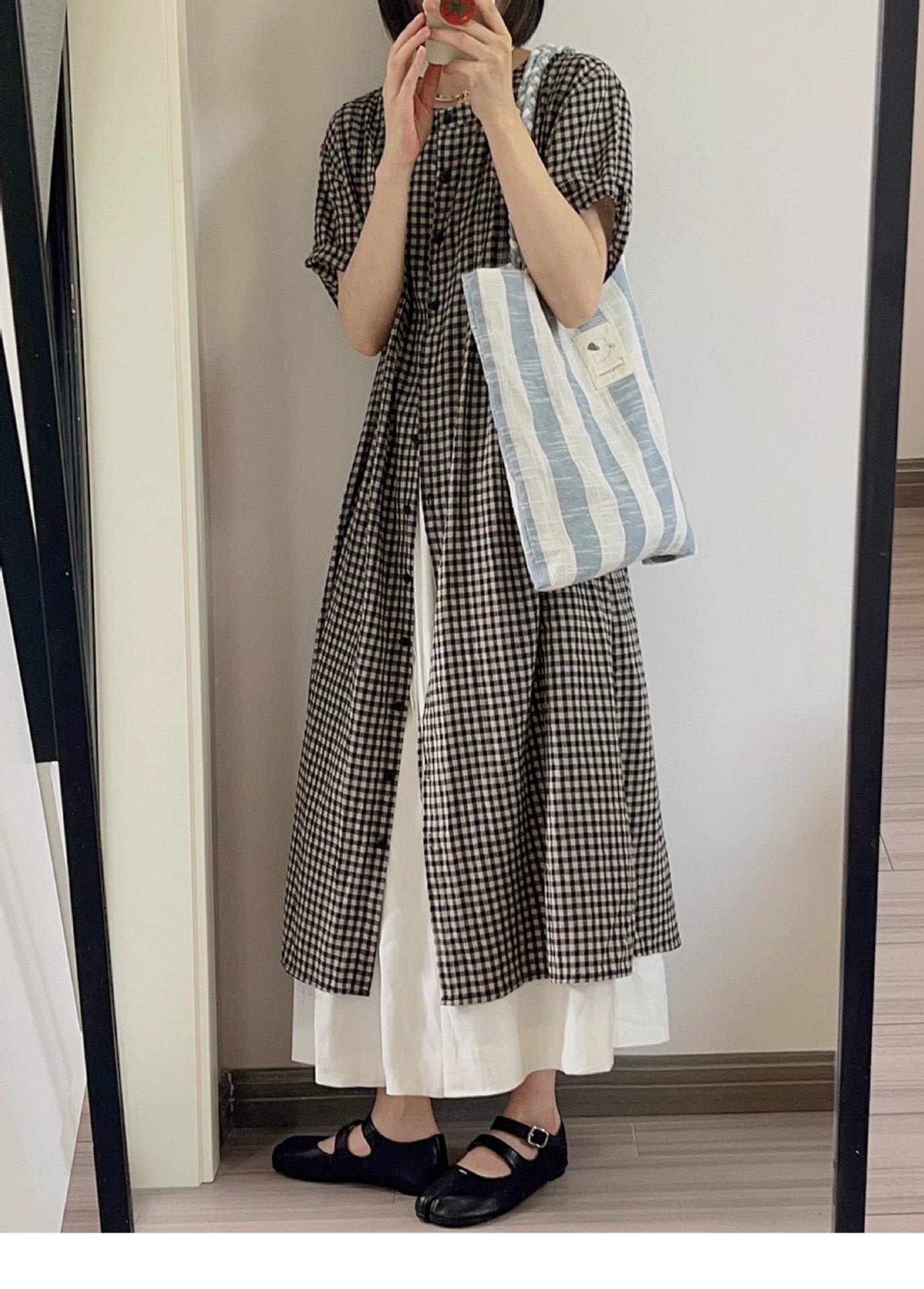 きれいめカジュアル 格子柄シャツワンピース 半袖 重ね着風 妊婦対応