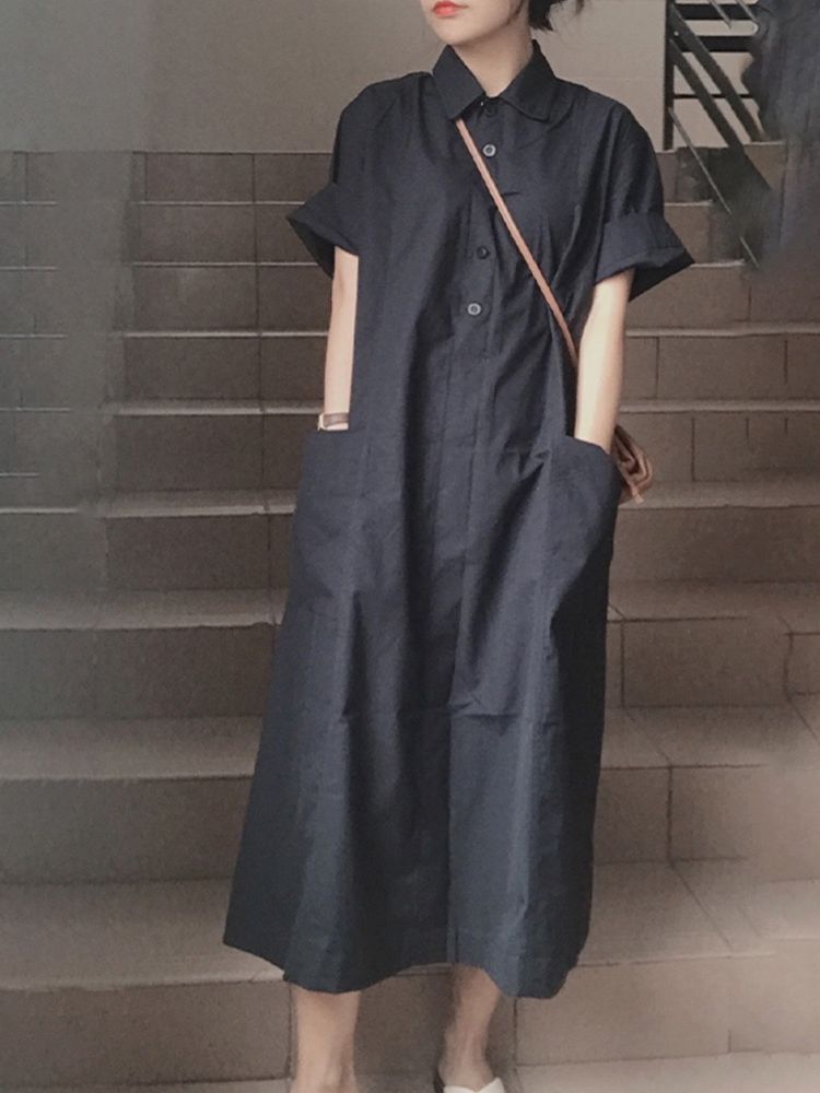きれいめカジュアル 襟付き半袖ロング丈シャツワンピース