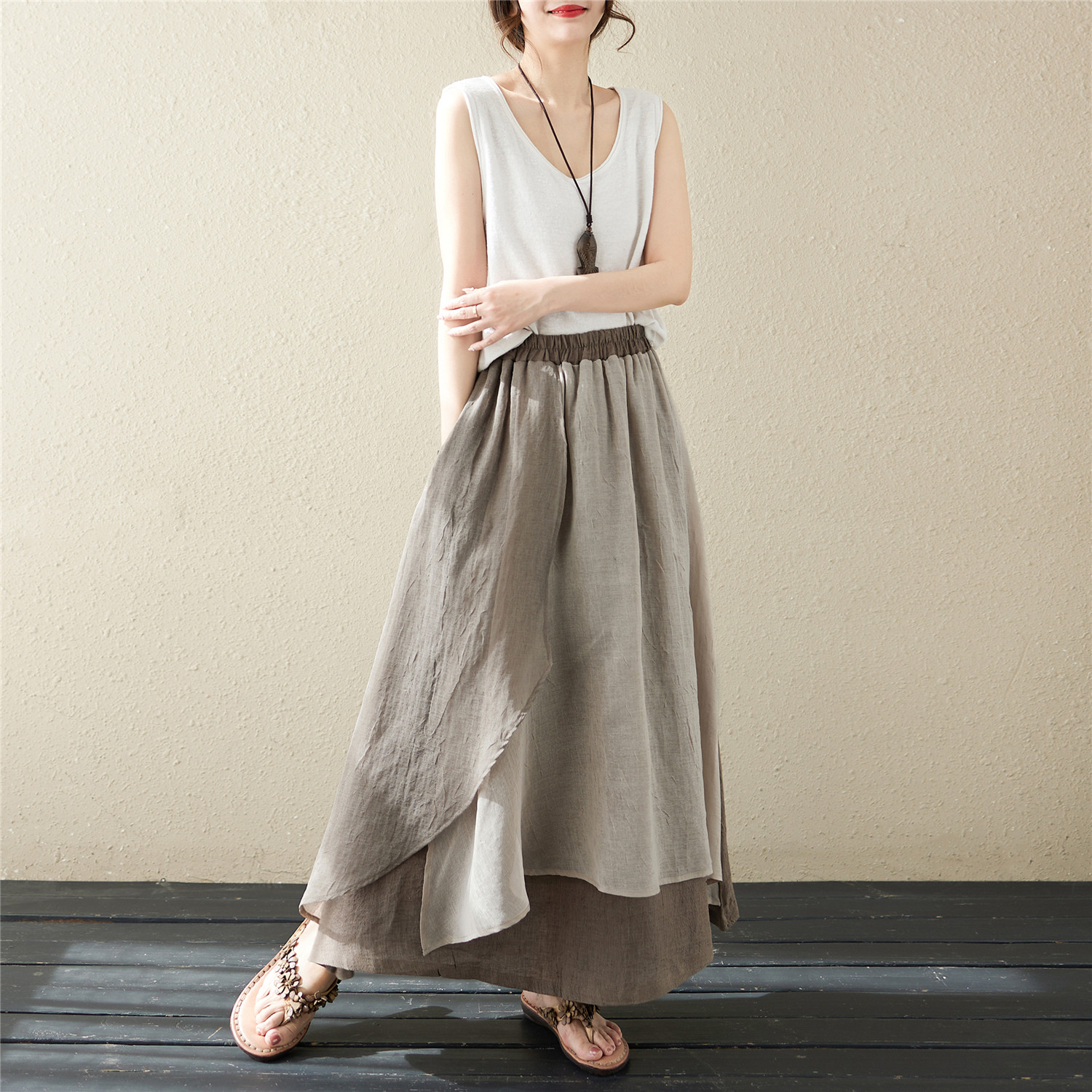 きれいめカジュアル 重ね着風ナチュラル麻混不規則裾丈ロングスカート