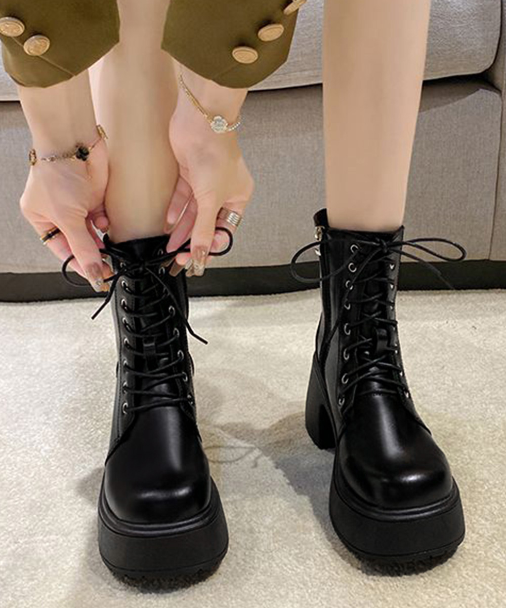 きれいめカジュアル 厚底編み上げ靴 太ヒール歩きやすいショートブーツ