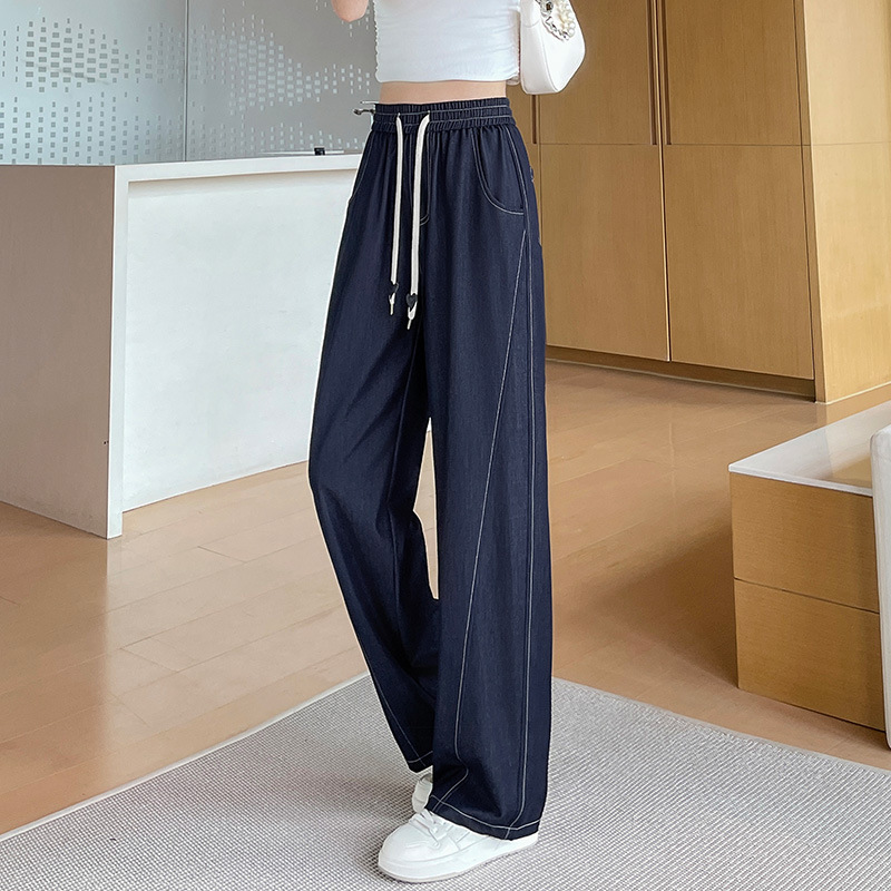 きれいめカジュアル 配色ステッチ紐付きゆったりワイドデニムパンツ