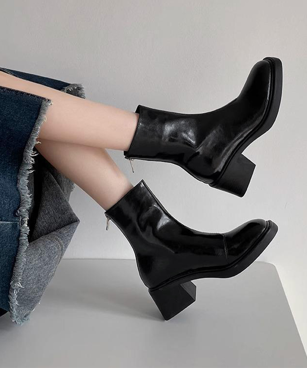 きれいめカジュアル レディース太ヒール短丈靴 歩きやすい四角つま先