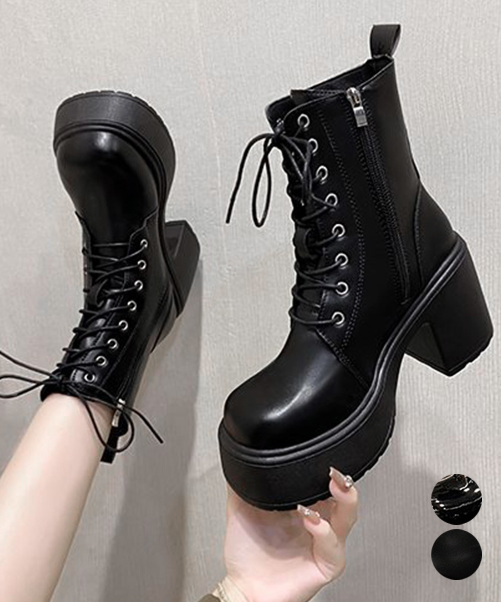 きれいめカジュアル 厚底編み上げ靴 太ヒール歩きやすいショートブーツ