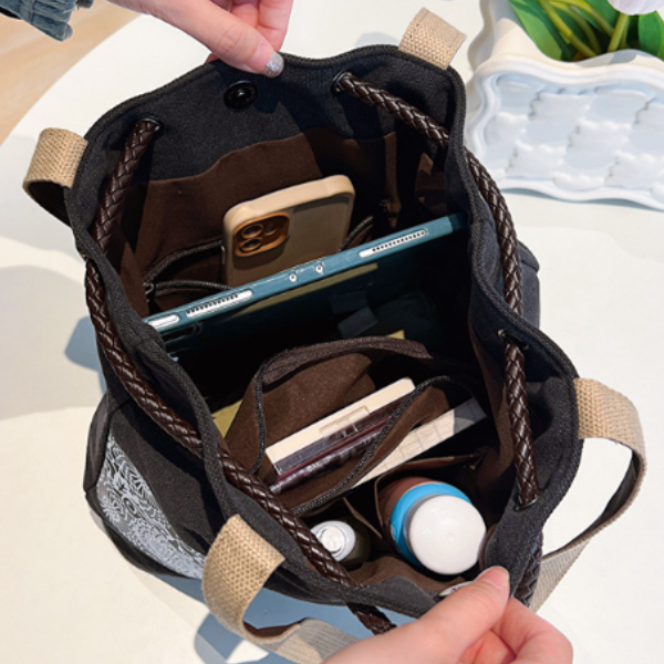 きれいめカジュアル 花柄レース巾着型トートバッグ 大容量帆布レディースバッグ