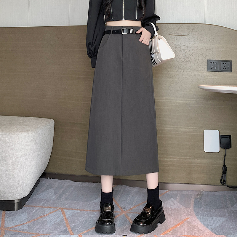 きれいめカジュアル 高腰ベルト付きロングタイトスカート