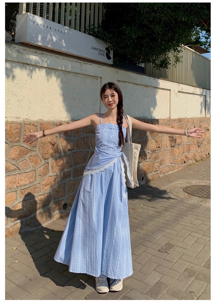 きれいめカジュアル ギンガムチェック柄キャミソール風ロングワンピース