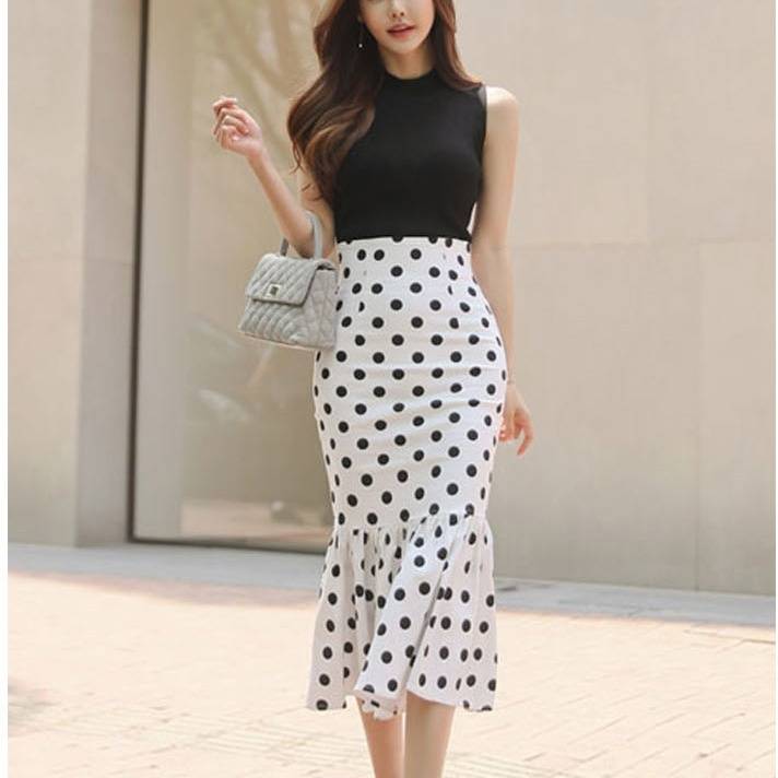 きれいめカジュアル 水玉柄マーメイドスカート レディース ミモレ丈