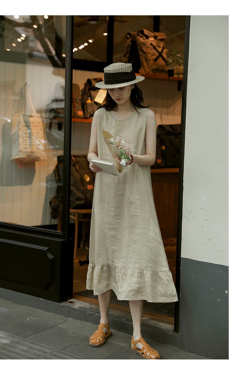 きれいめカジュアル 裾フリル切替ノースリーブリネン混ロングワンピース