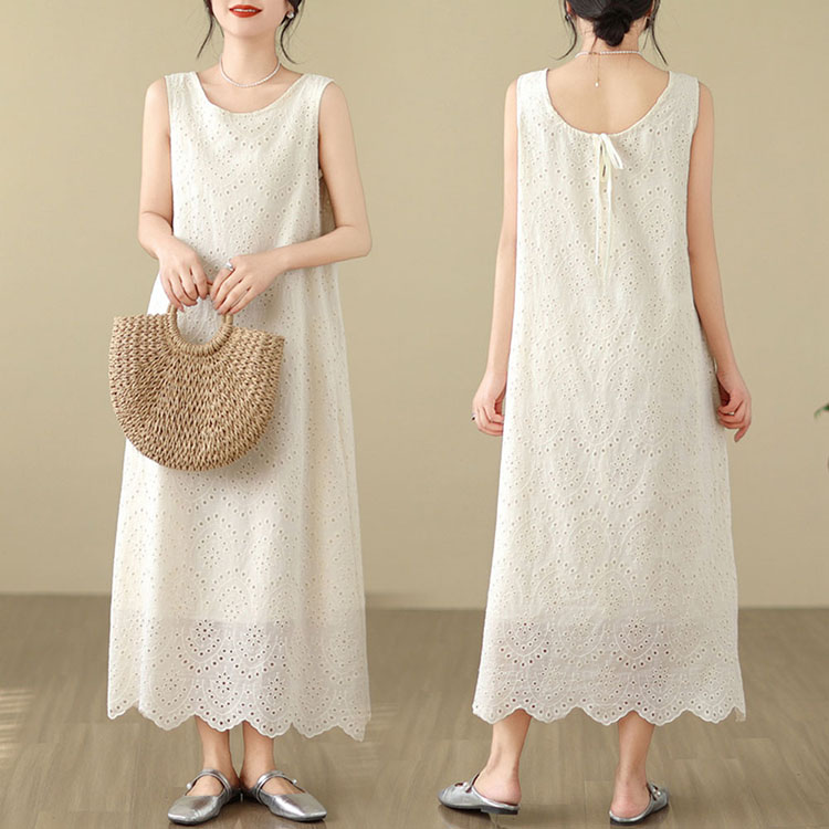 きれいめカジュアル レース刺繍マキシ丈ワンピース レディース ノースリーブ
