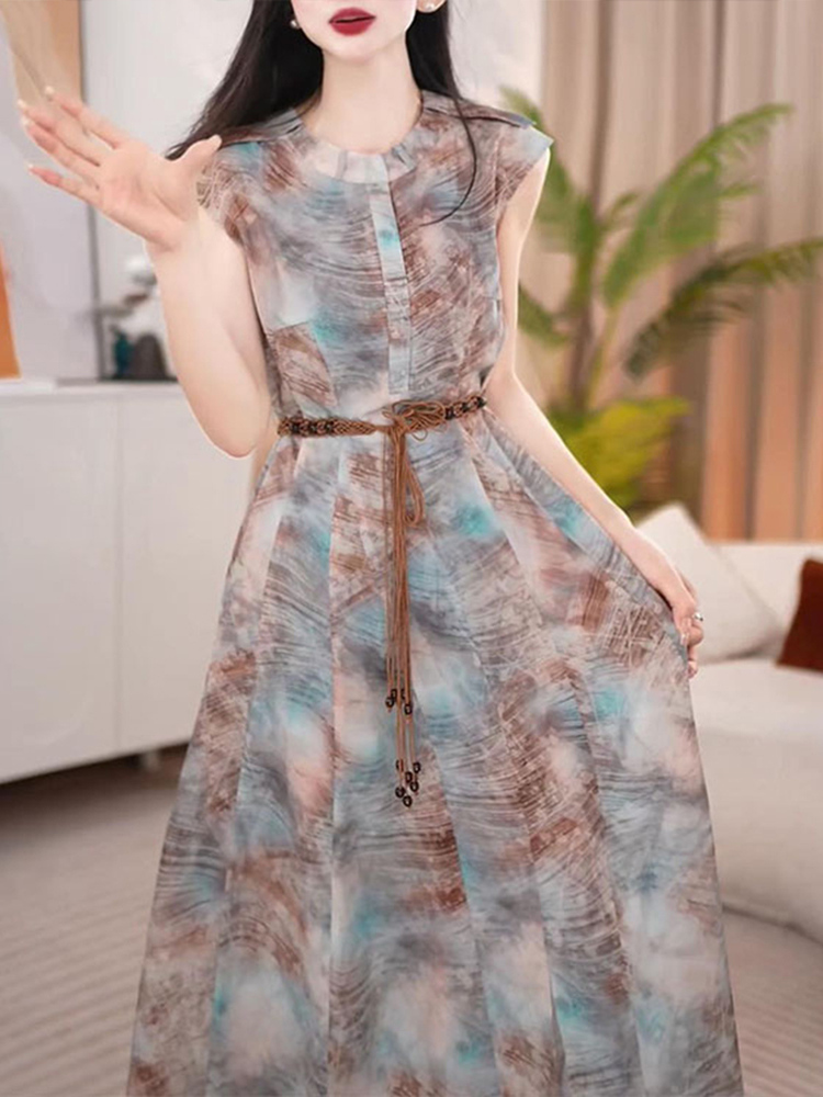 きれいめカジュアル 水彩柄ゆったりロングワンピース