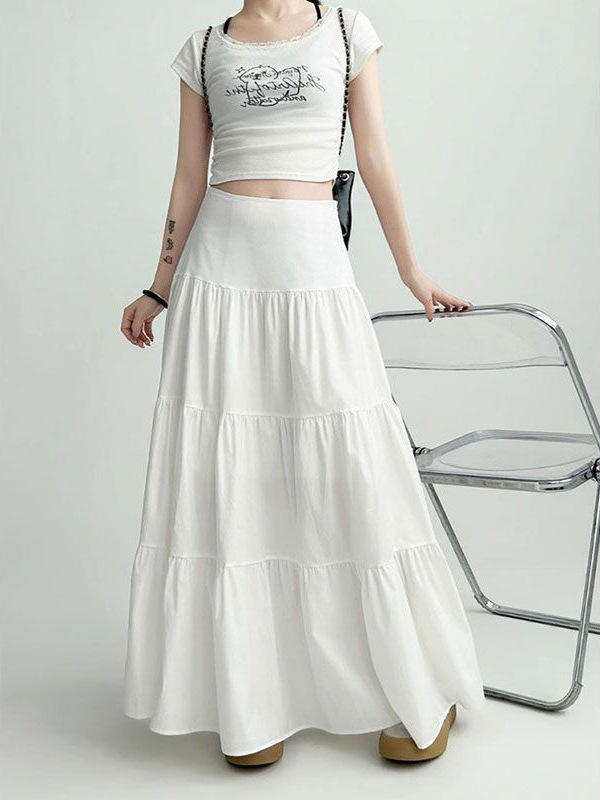 きれいめカジュアル ティアードフリル半袖トップス付きロングスカートセットアップ
