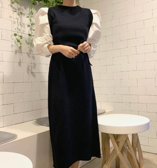 きれいめカジュアル レイヤード風長袖ワンピース ロング丈ニットベスト重ね着風