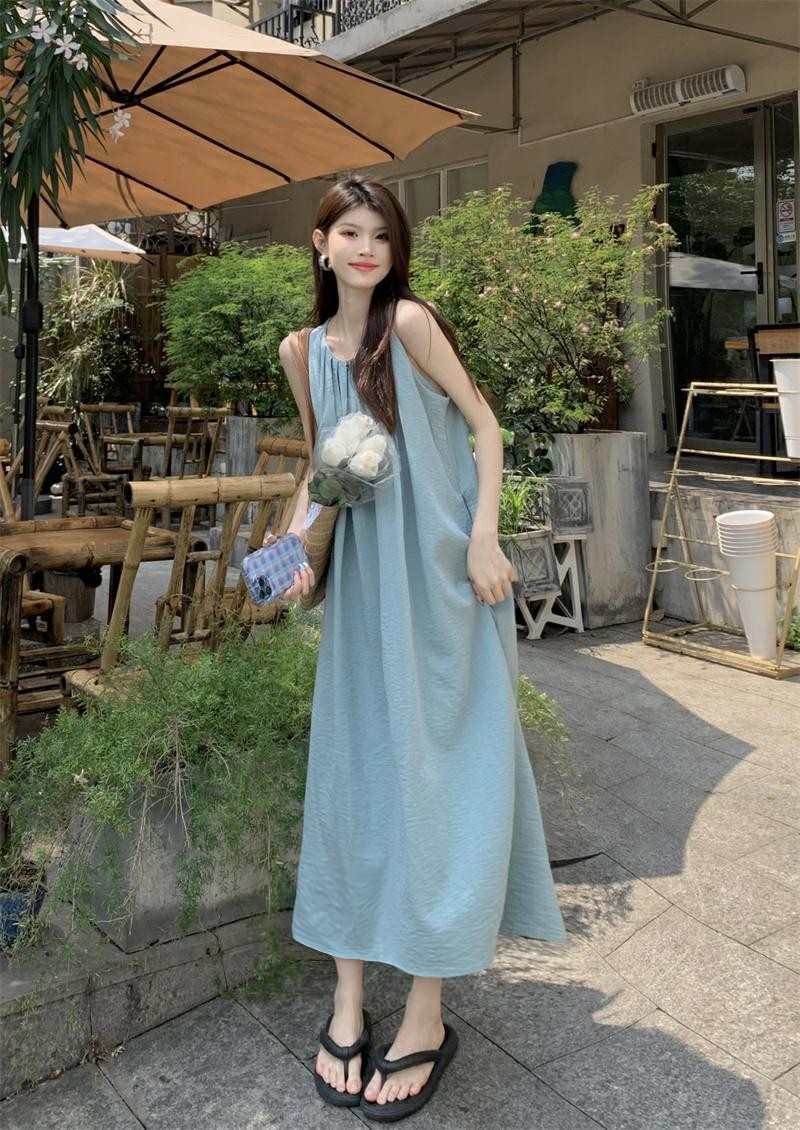 きれいめカジュアル タックデザインノースリーブロング丈ワンピース