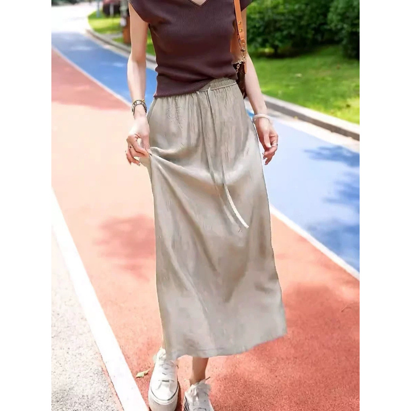 きれいめカジュアル ゴム入りウエストリネン混ロング丈スカート