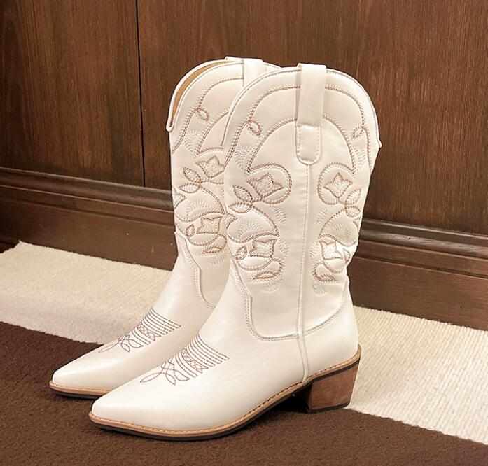 きれいめカジュアル 刺繍デザイン ハイヒール ロングブーツ 合成皮革 靴