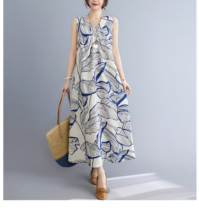 きれいめカジュアル ボタニカルリーフ柄ノースリーブロングワンピース