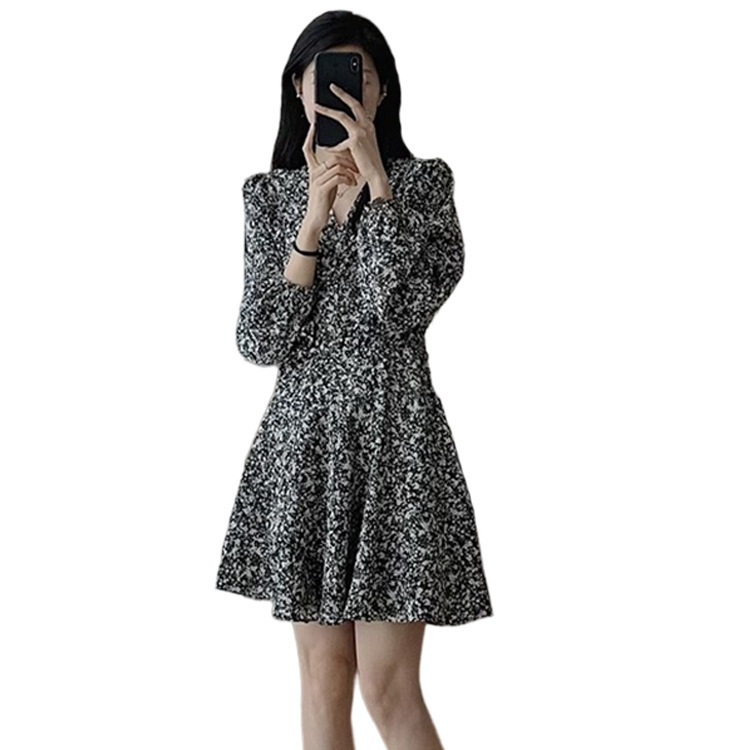 きれいめカジュアル 小花柄フリルウエスト切替長袖ワンピース