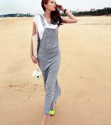 きれいめカジュアル 女性用ゆったりロング丈ワンピース無地吊りスカート春夏