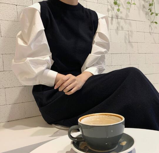 きれいめカジュアル レイヤード風長袖ワンピース ロング丈ニットベスト重ね着風