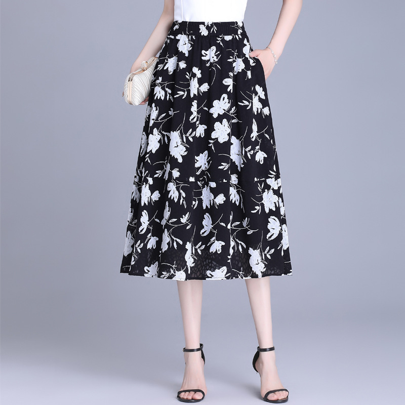 きれいめカジュアル 花柄プリント切替フレアミディスカート