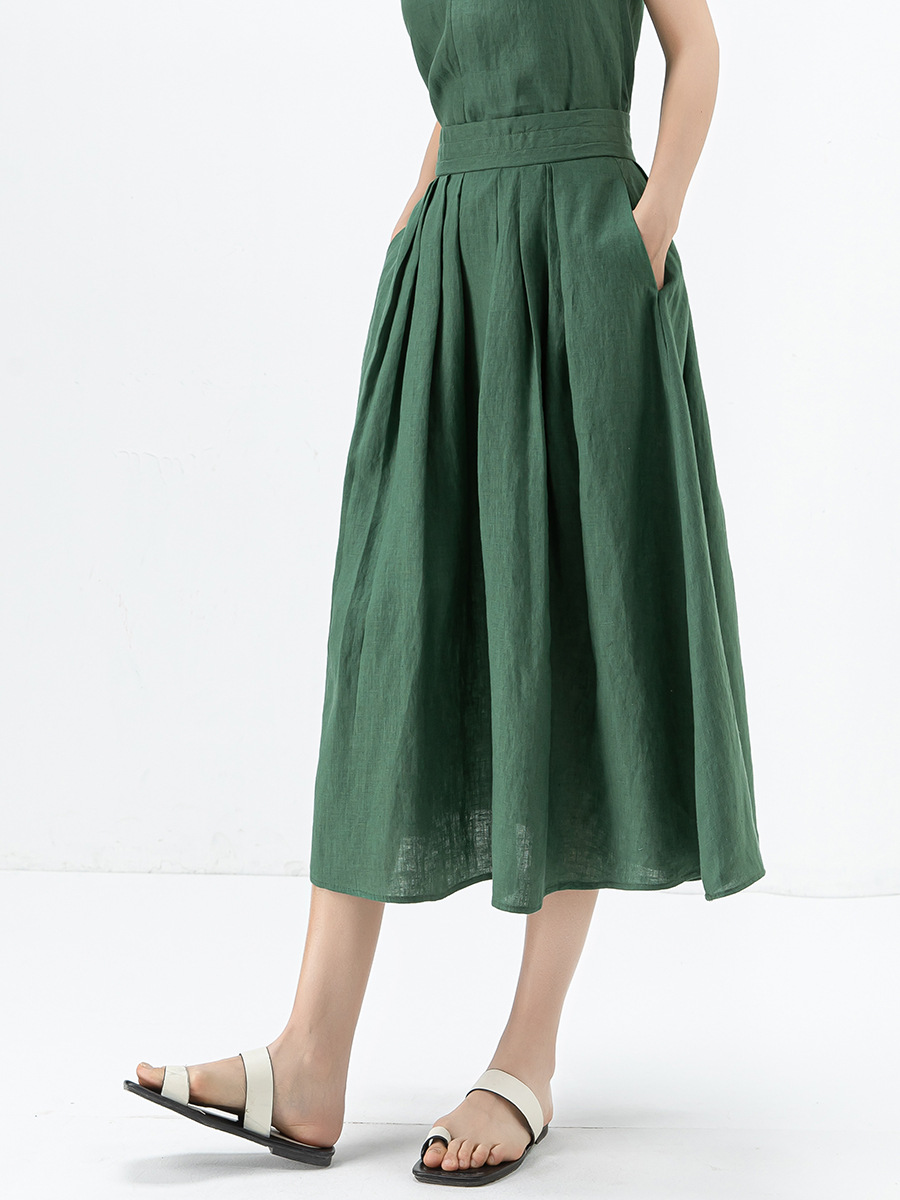きれいめカジュアル リネン混タックフレアロングスカート