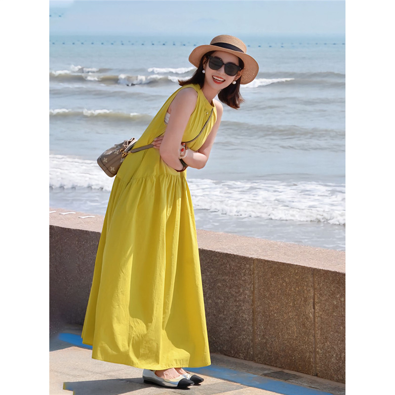 きれいめカジュアル ウエスト切り替えノースリーブマキシ丈ワンピース