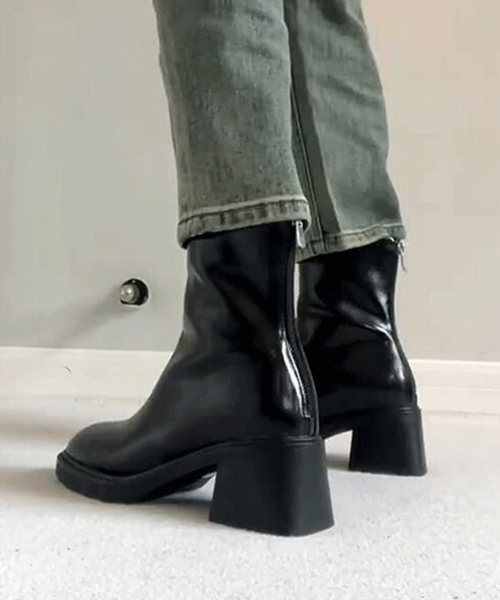 きれいめカジュアル レディース太ヒール短丈靴 歩きやすい四角つま先