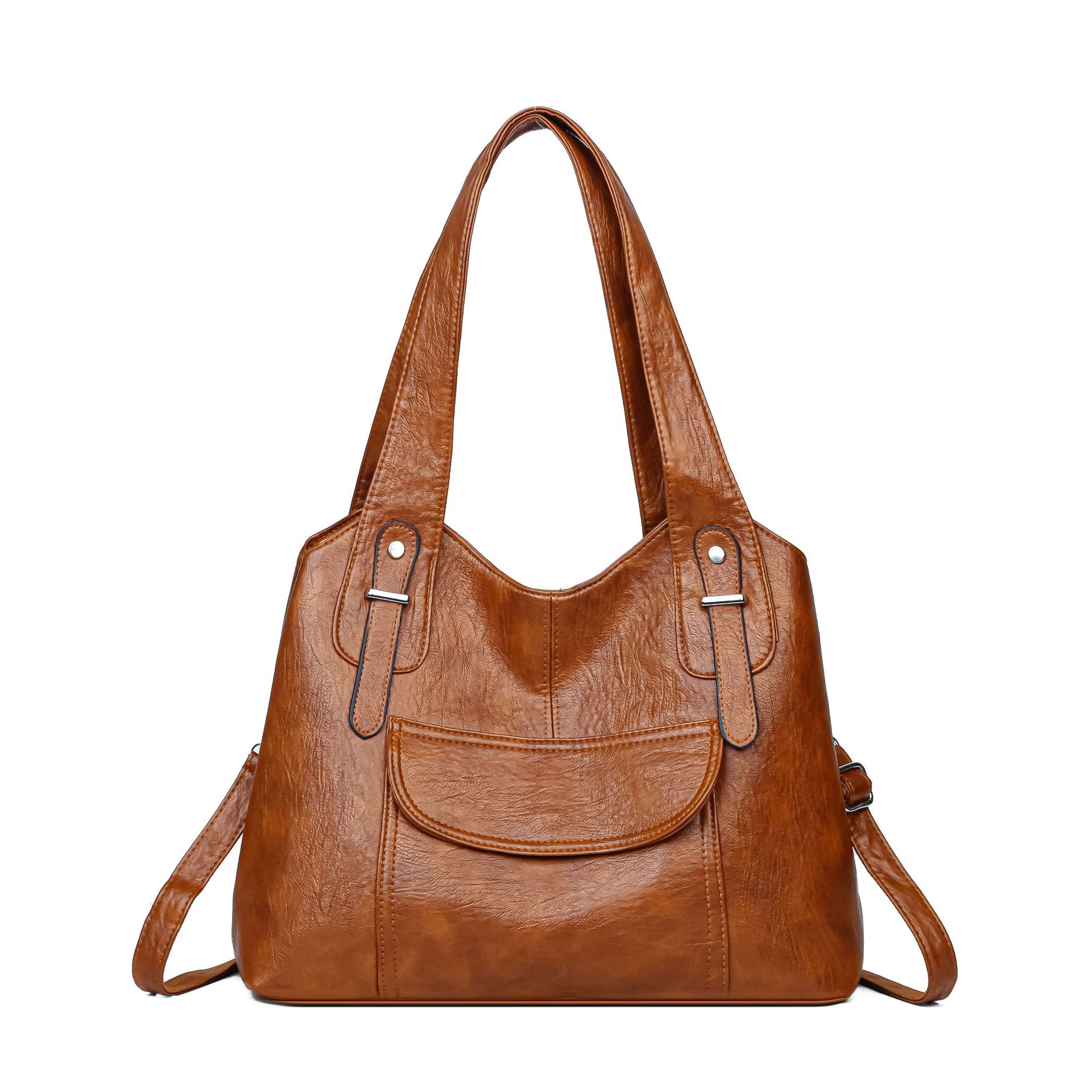 きれいめカジュアル フロントポケット付き合成皮革トートバッグ