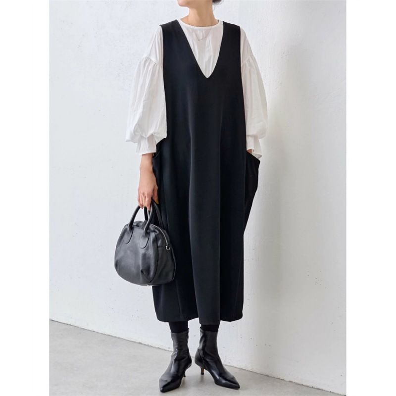 きれいめカジュアル ボリューム袖ブラウス付きジャンパースカート風ワンピース