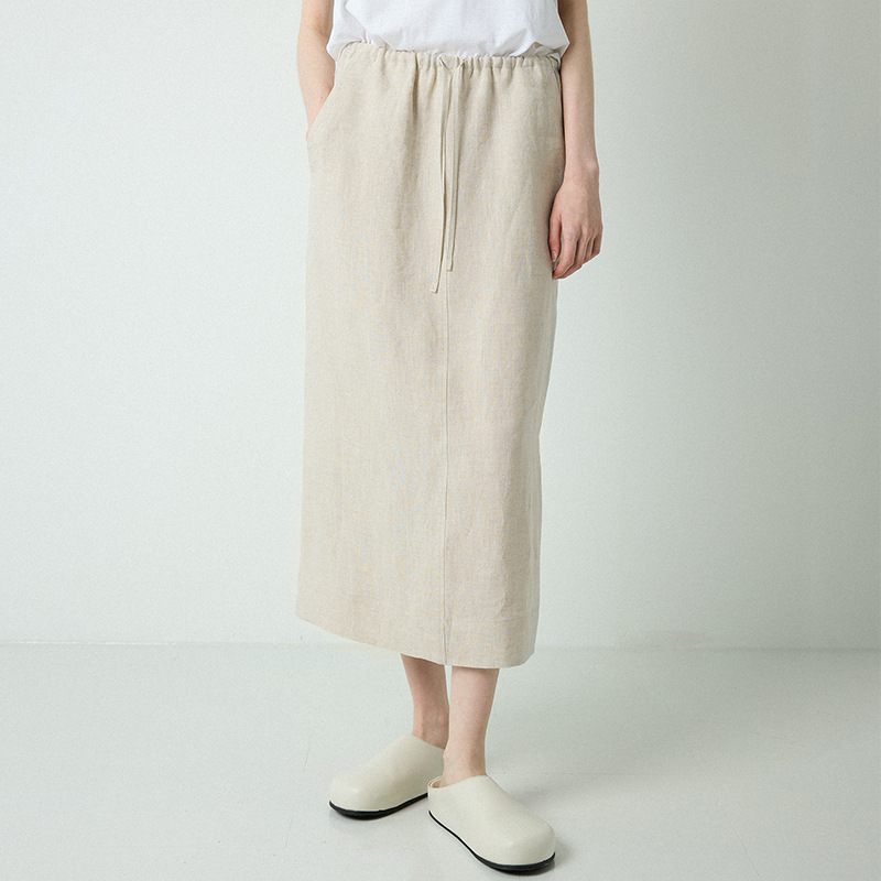 きれいめカジュアル リネン混ドロストウエストミディ丈スカート
