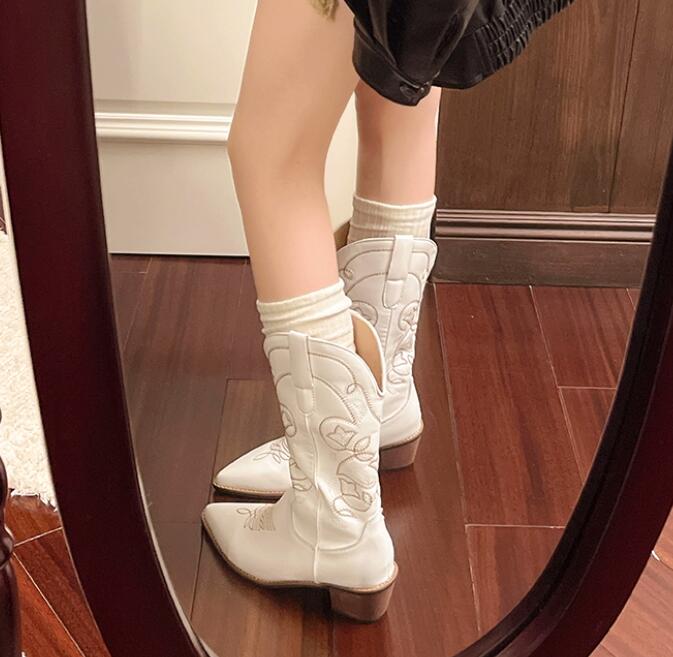 きれいめカジュアル 刺繍デザイン ハイヒール ロングブーツ 合成皮革 靴