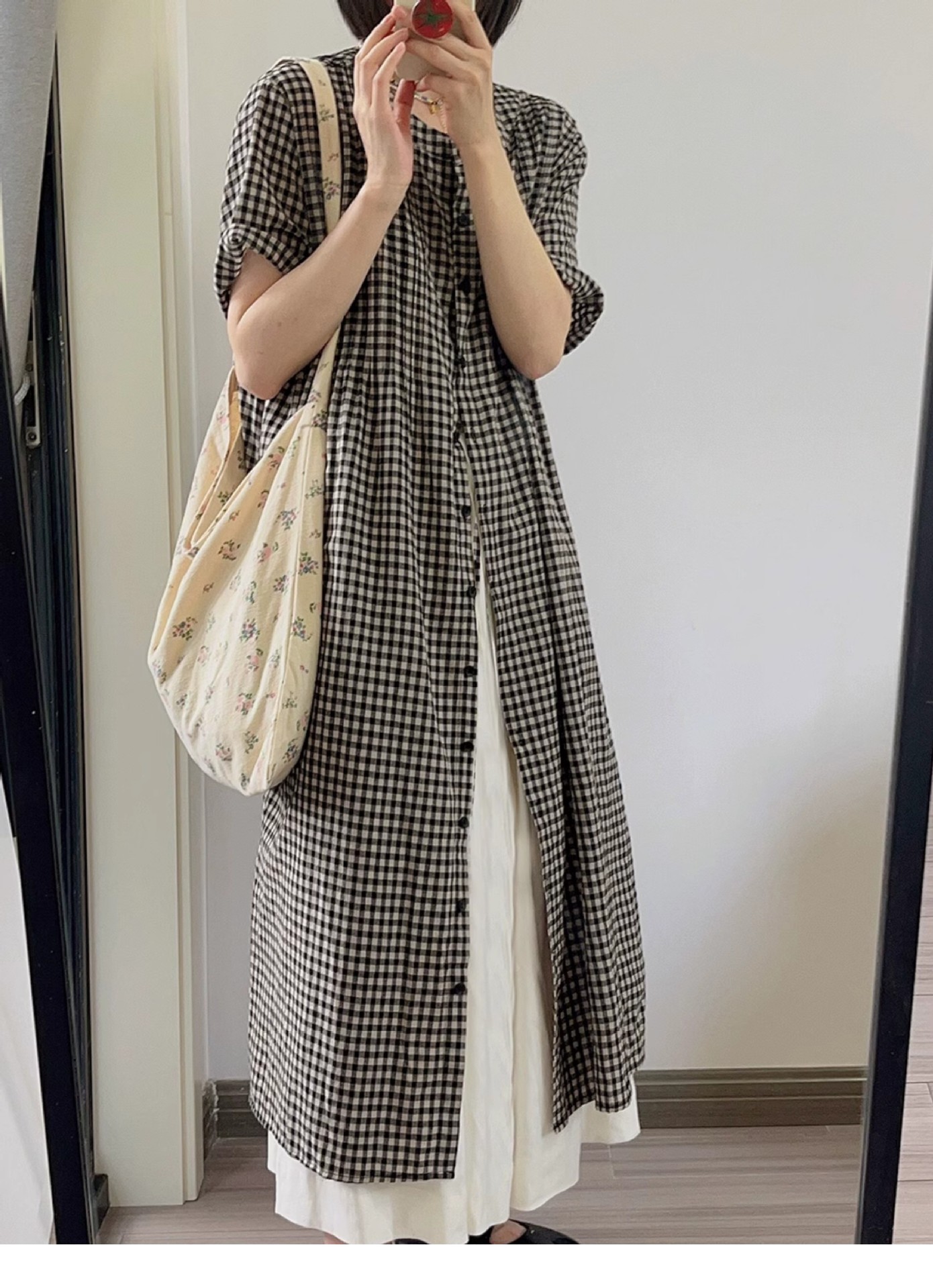 きれいめカジュアル 格子柄シャツワンピース 半袖 重ね着風 妊婦対応