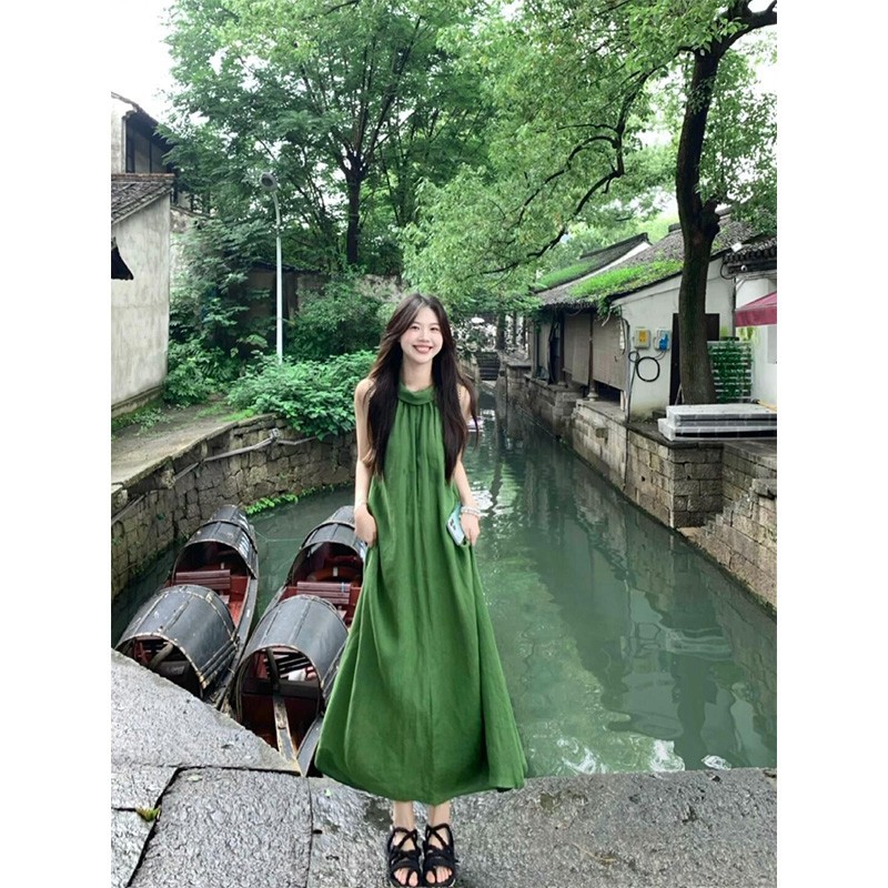 きれいめカジュアル ネックギャザーゆったりノースリーブマキシ丈ワンピース