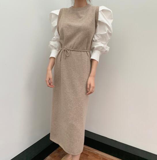 きれいめカジュアル レイヤード風長袖ワンピース ロング丈ニットベスト重ね着風