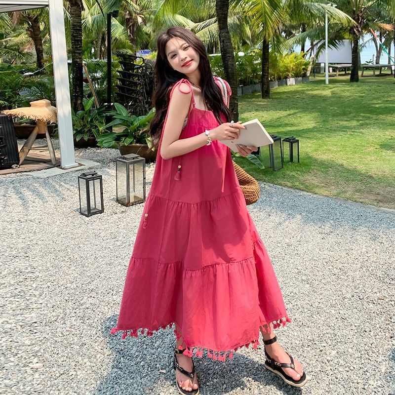 きれいめカジュアル ティアードシルエット肩紐リボンマキシ丈ワンピース