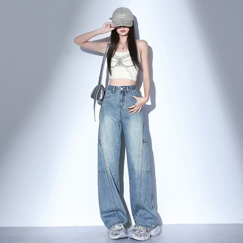 きれいめカジュアル 膝切替ステッチワイドストレートデニムパンツ