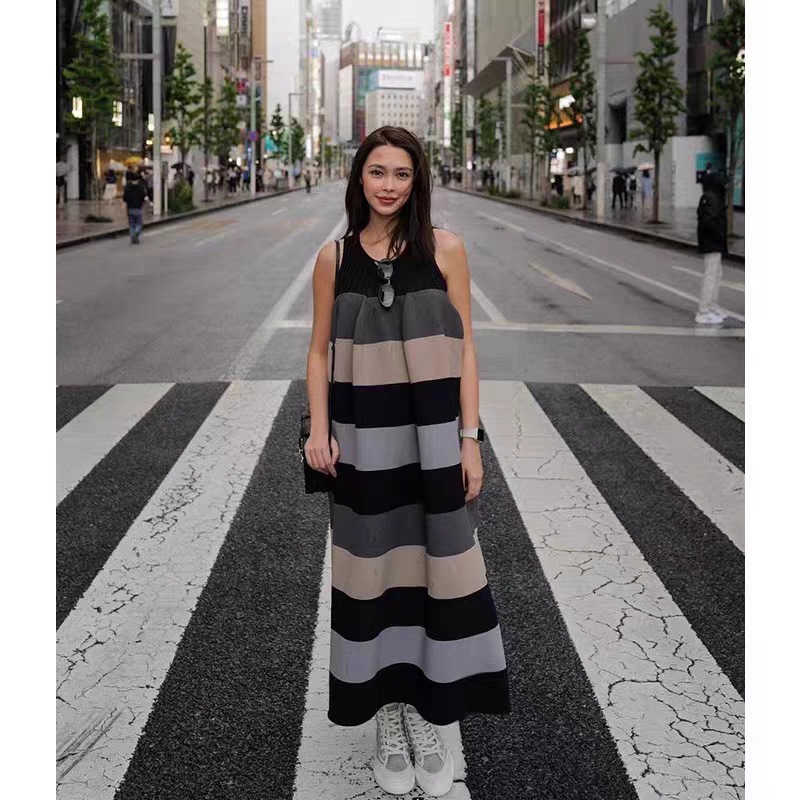 きれいめカジュアル 太ボーダー切替ノースリーブロングワンピース