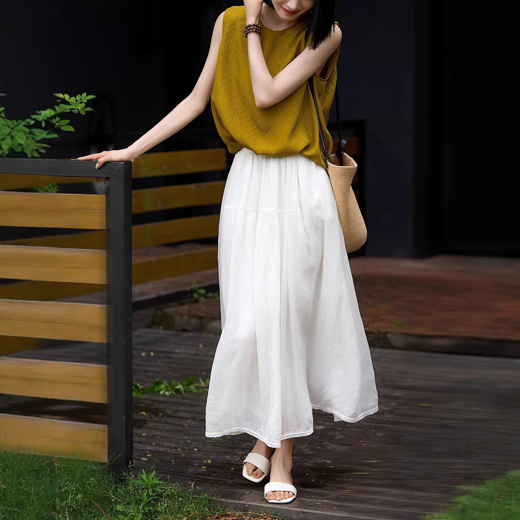 きれいめカジュアル ナチュラルコットンリネン風ロング丈フレアスカート