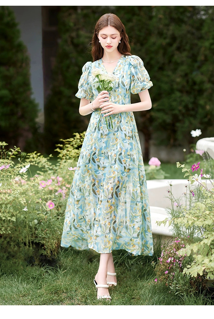 きれいめカジュアル 花園舞踏パフスリーブワンピース