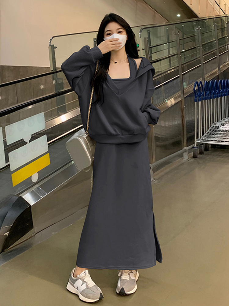 きれいめカジュアル 深Vネック リブ編み フーディー