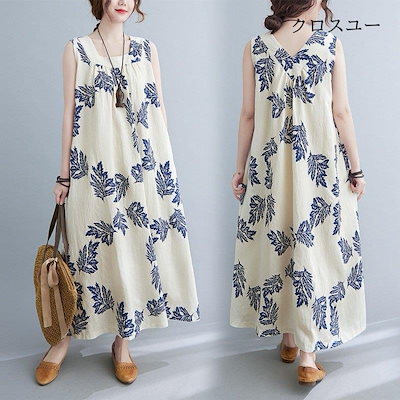 きれいめカジュアル 葉柄綿麻ノースリーブワンピース