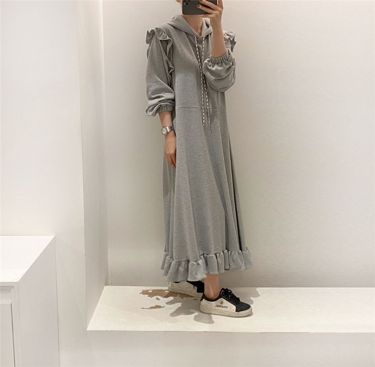 きれいめカジュアル 厚手フード付きパーカーワンピース ゆったりロング丈