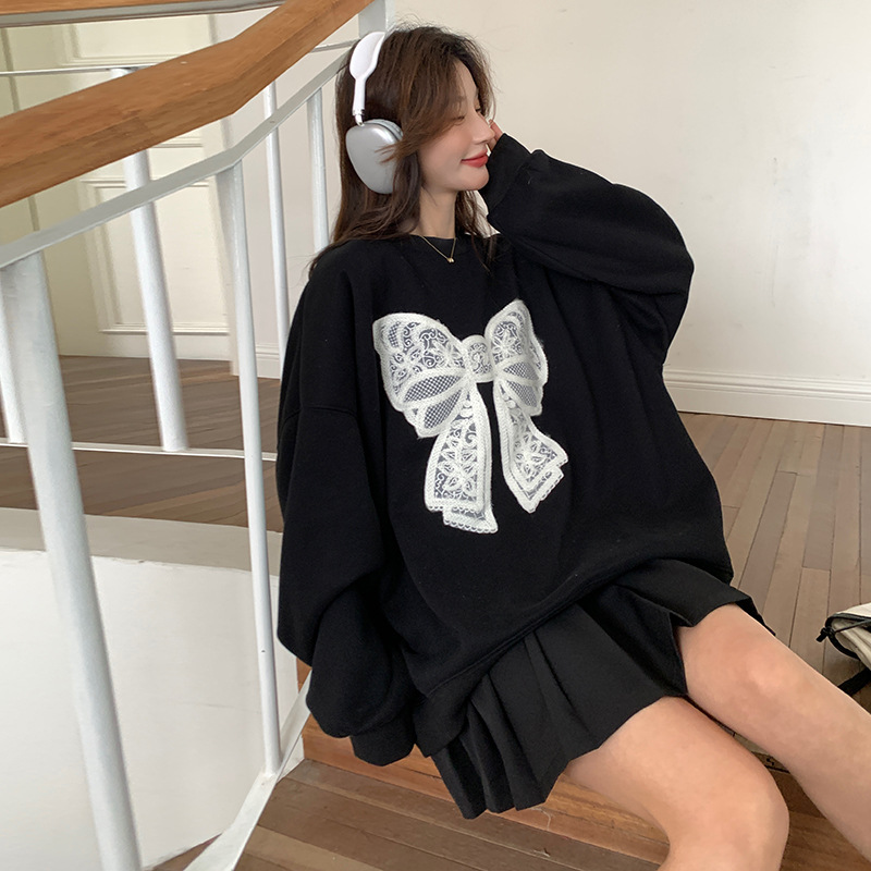  きれいめカジュアル 繊細リボン装飾ゆったりスエット