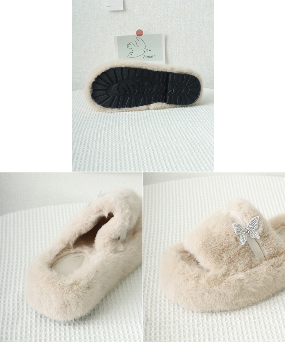 きれいめカジュアル 蝶々モチーフ もこもこファー厚底靴 冬用サンダル