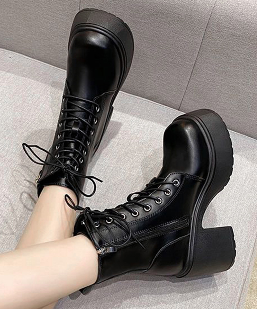 きれいめカジュアル 厚底編み上げ靴 太ヒール歩きやすいショートブーツ