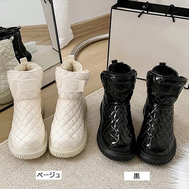 きれいめカジュアル 光沢キルティング美脚ショート靴 滑り止め裏起毛付き