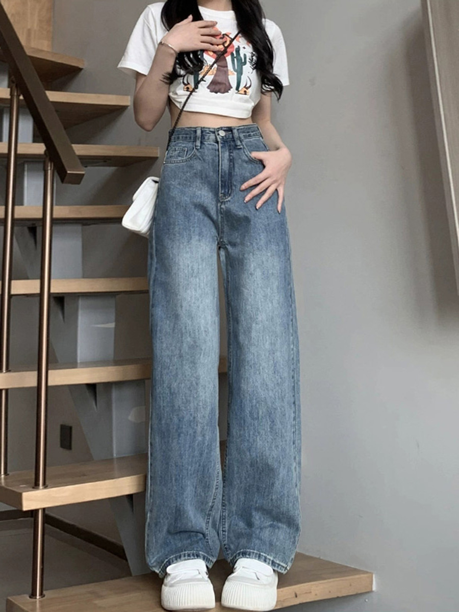 きれいめカジュアル ハイウエストワイドレッグ長丈デニムパンツ