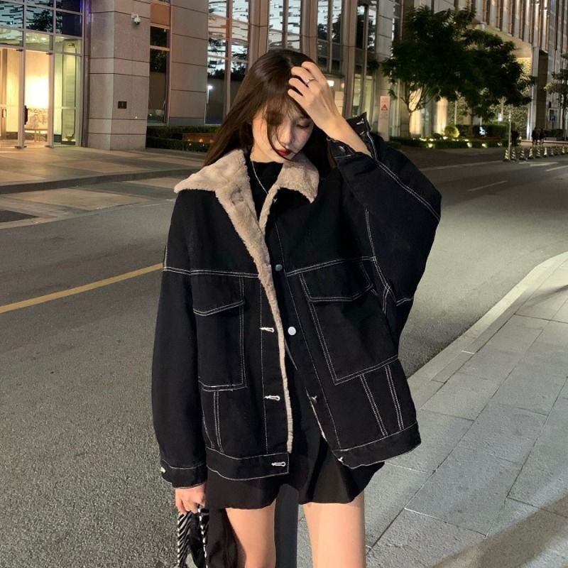 きれいめカジュアル ボア襟付きデニムジャケット ステッチデザイン